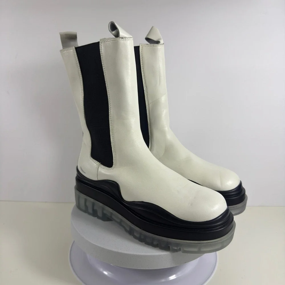 White Leather Platform Chelsea Boots Chunky Lug Sole Mid‎ Calf Womens Size 7